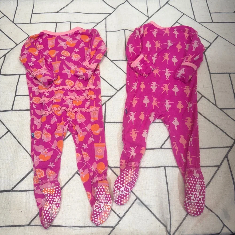 KicKee Pants Footie Pajamas 0-3 Months Pink Ballerina Citrus‎ Lot of 2 Rompers